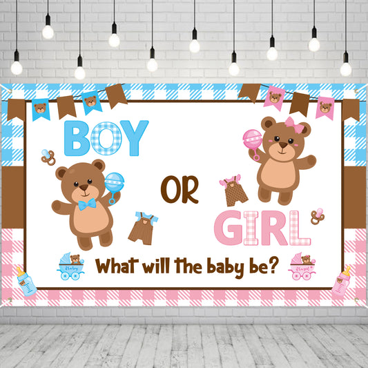 Bear Gender Reveal Party Backdrop Banner Baby Shower Party Backdrop Decoration New Born Party Decor Photography Blue Pink Gender Reveal Party Background for Baby Boy and Girl Bear Theme Party Supplies