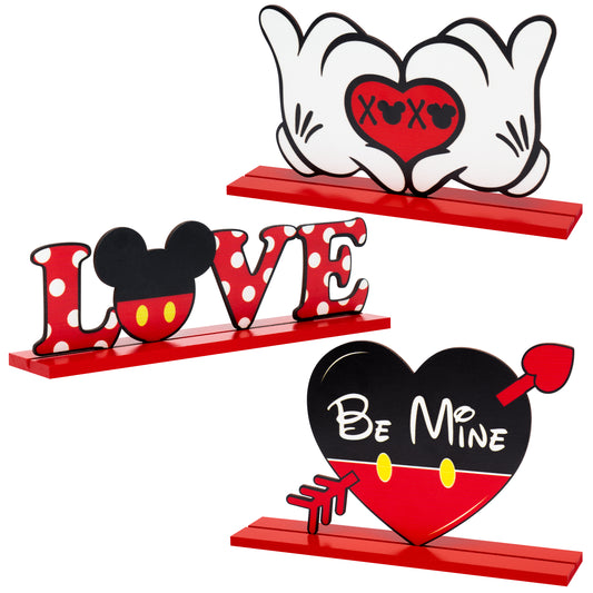 3Pcs Valentine's Day Detachable Wooden Table Decor Mouse Wood Centerpiece Table Signs Toppers Love Be Mine XOXO Mouse Ornament Decorative Plaque for Wedding Engagement Anniversary Party Supplies