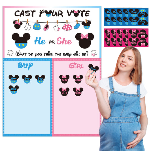 Mouse Gender Reveal Poster Decorations Baby Reveal Games Boy or Girl Gender Reveal Voting Poster Board with Stickers Pink or Blue Voting Sticker Baby Shower Party Games for Kids Adults Guests