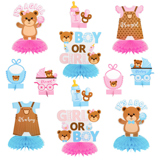 12Pcs Bear Gender Reveal Honeycomb Centerpiece, He or She Gender Reveal Honeycomb Table Decorations Welcome Baby Boy or Girl Baby Shower Table Toppers Newborn Baby Party Favors Photo Booth Props