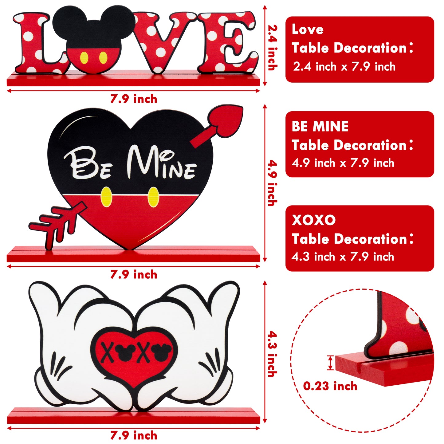 3Pcs Valentine's Day Detachable Wooden Table Decor Mouse Wood Centerpiece Table Signs Toppers Love Be Mine XOXO Mouse Ornament Decorative Plaque for Wedding Engagement Anniversary Party Supplies