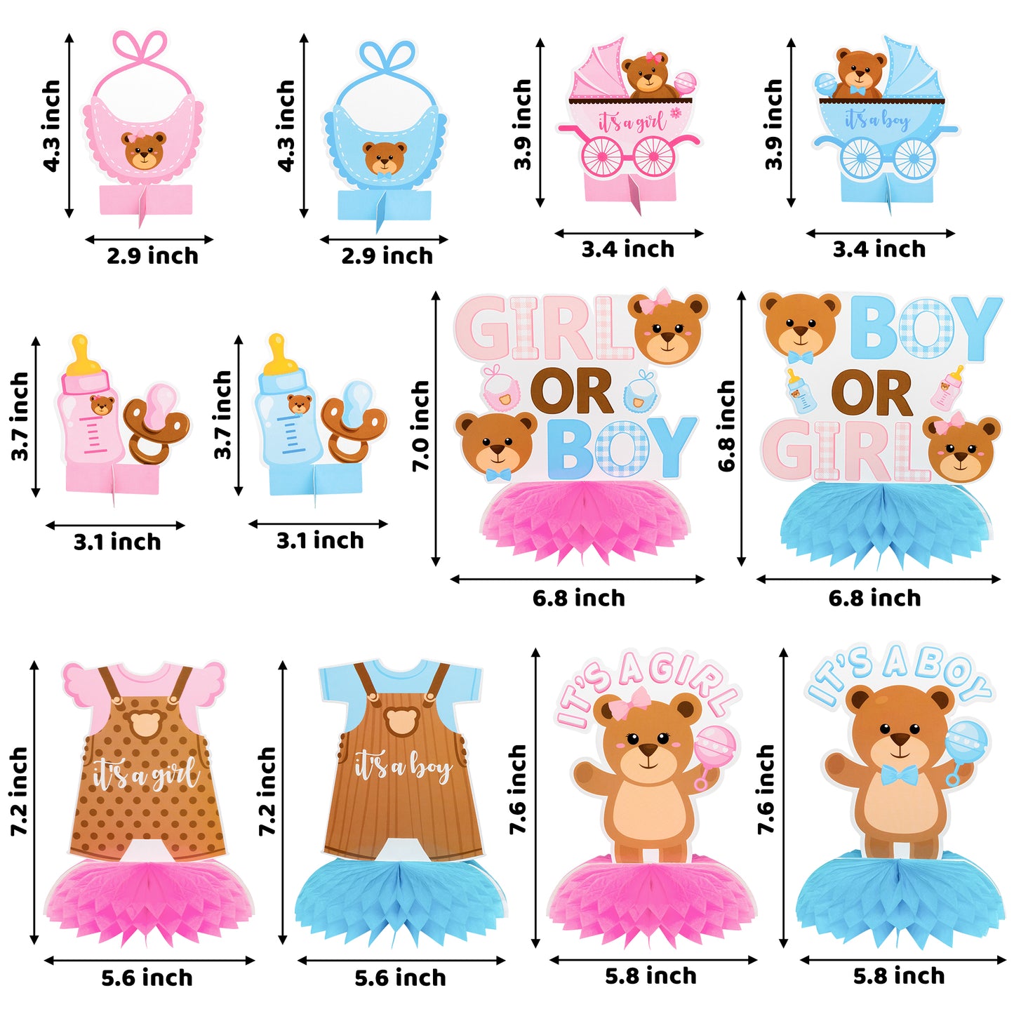 12Pcs Bear Gender Reveal Honeycomb Centerpiece, He or She Gender Reveal Honeycomb Table Decorations Welcome Baby Boy or Girl Baby Shower Table Toppers Newborn Baby Party Favors Photo Booth Props